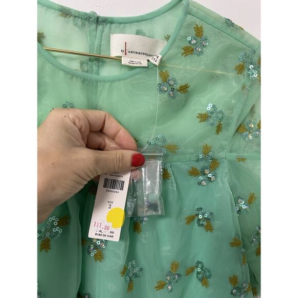 NWT ANthropologie Organza Beaded Top Sabine Green Embroidery Crop Sz 2 Puff - Picture 4 of 11